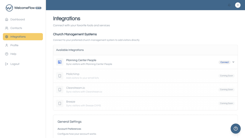 Planning Center integration settings